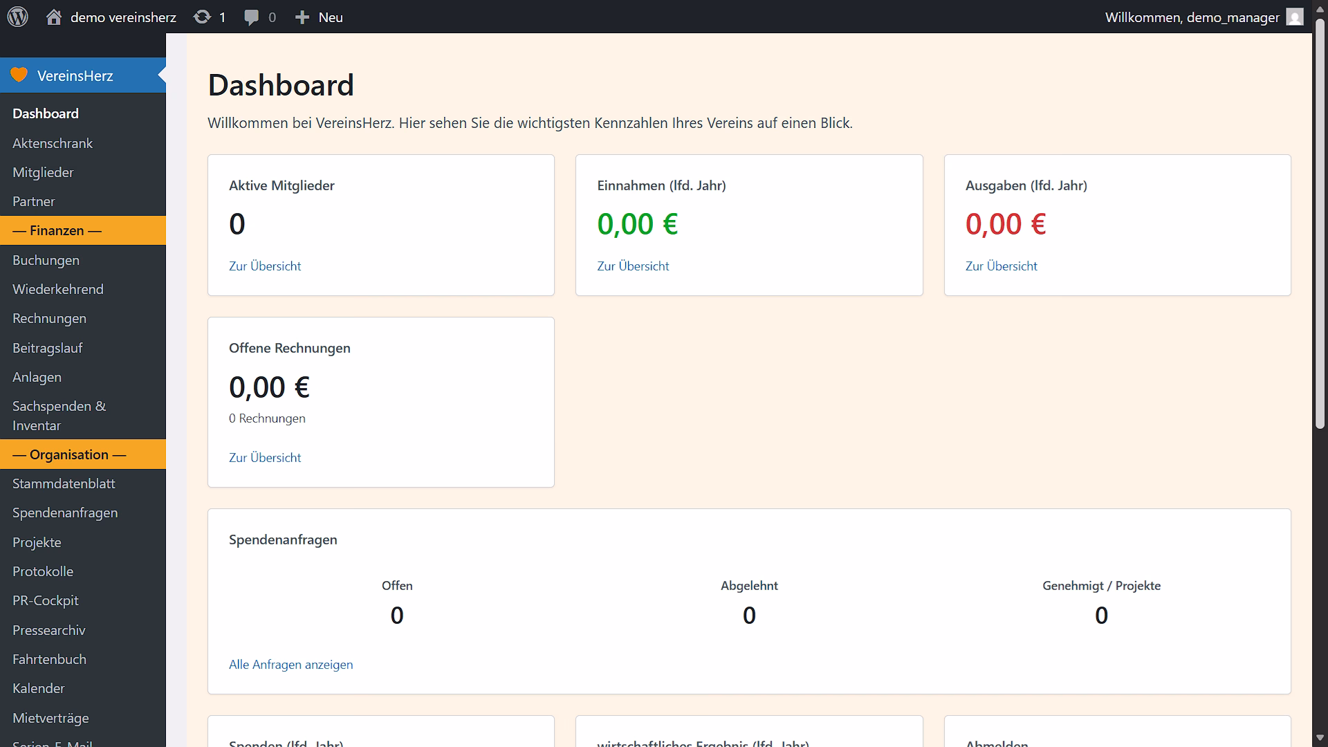 VereinsHerz Dashboard Ansicht
